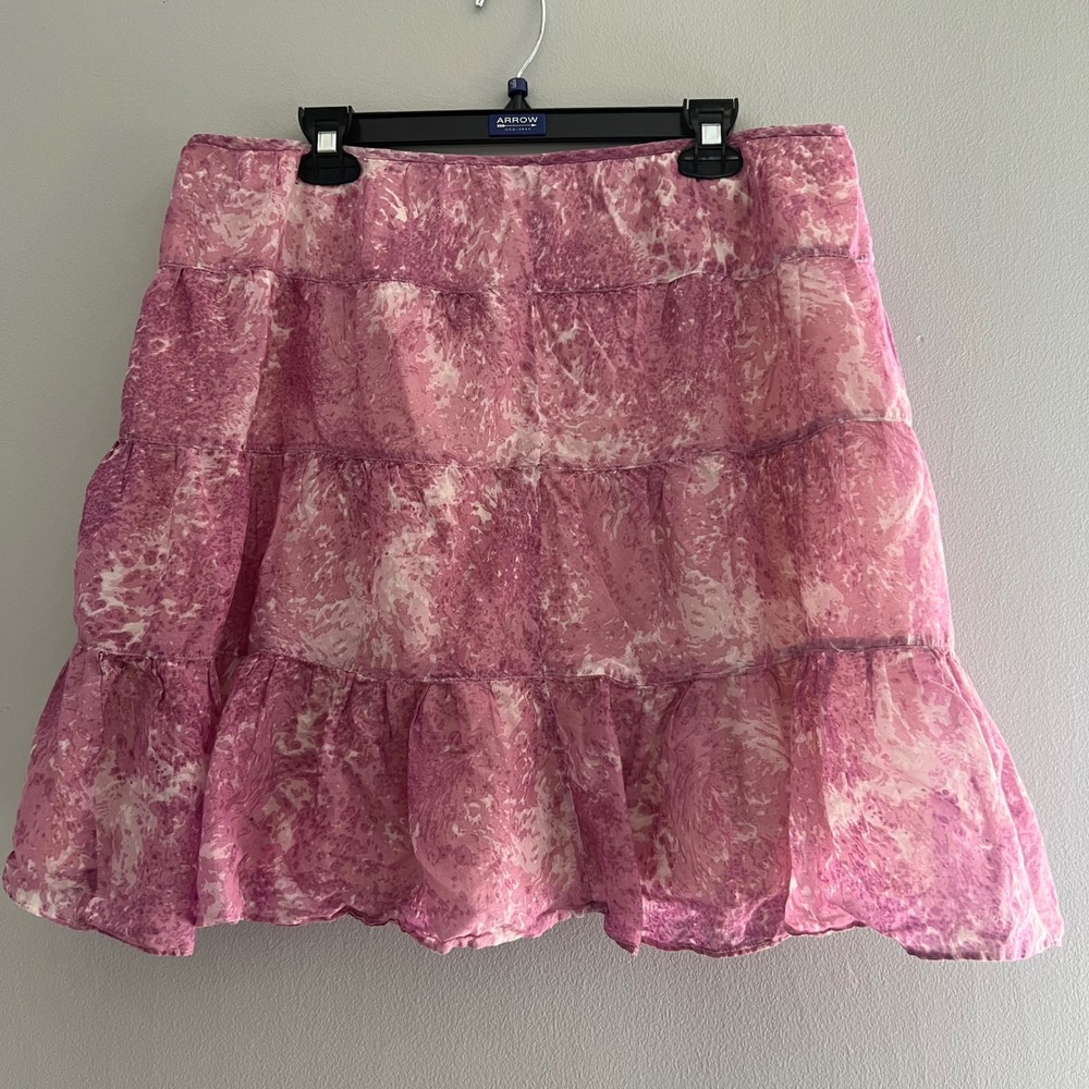 Talbots Pink Marble‎ Print Tiered Ruffle Cotton Mini Skirt Womens 14P Petites